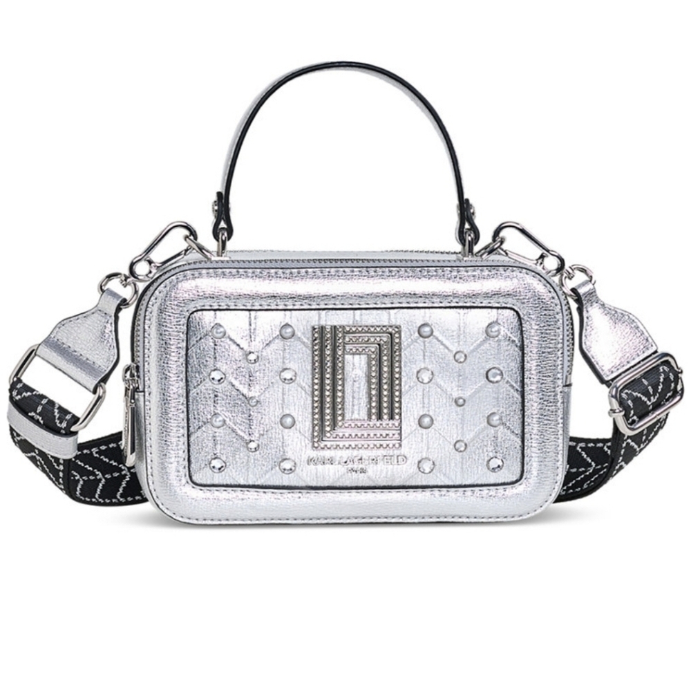 🩶▪️RARE▪️Karl Lagerfeld SILVER Small tapestry rhinestone Simone Crossbody bag